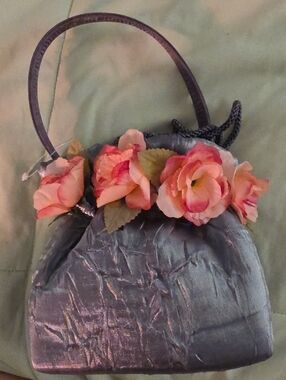 Valerie Stevens Floral Silver Evening Handbag - Elegant Pink Rose Detail! New!